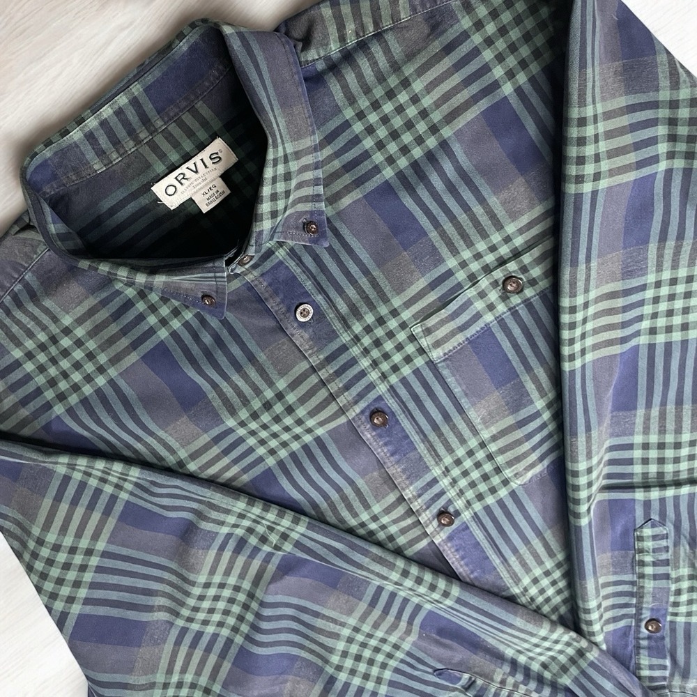 Orvis Green And Blue Plaid Oxford Button Down Shirt, Men's XL